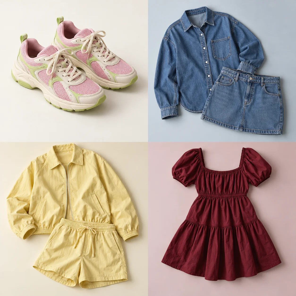 Trainers, denim, matching set and dress category illustrations